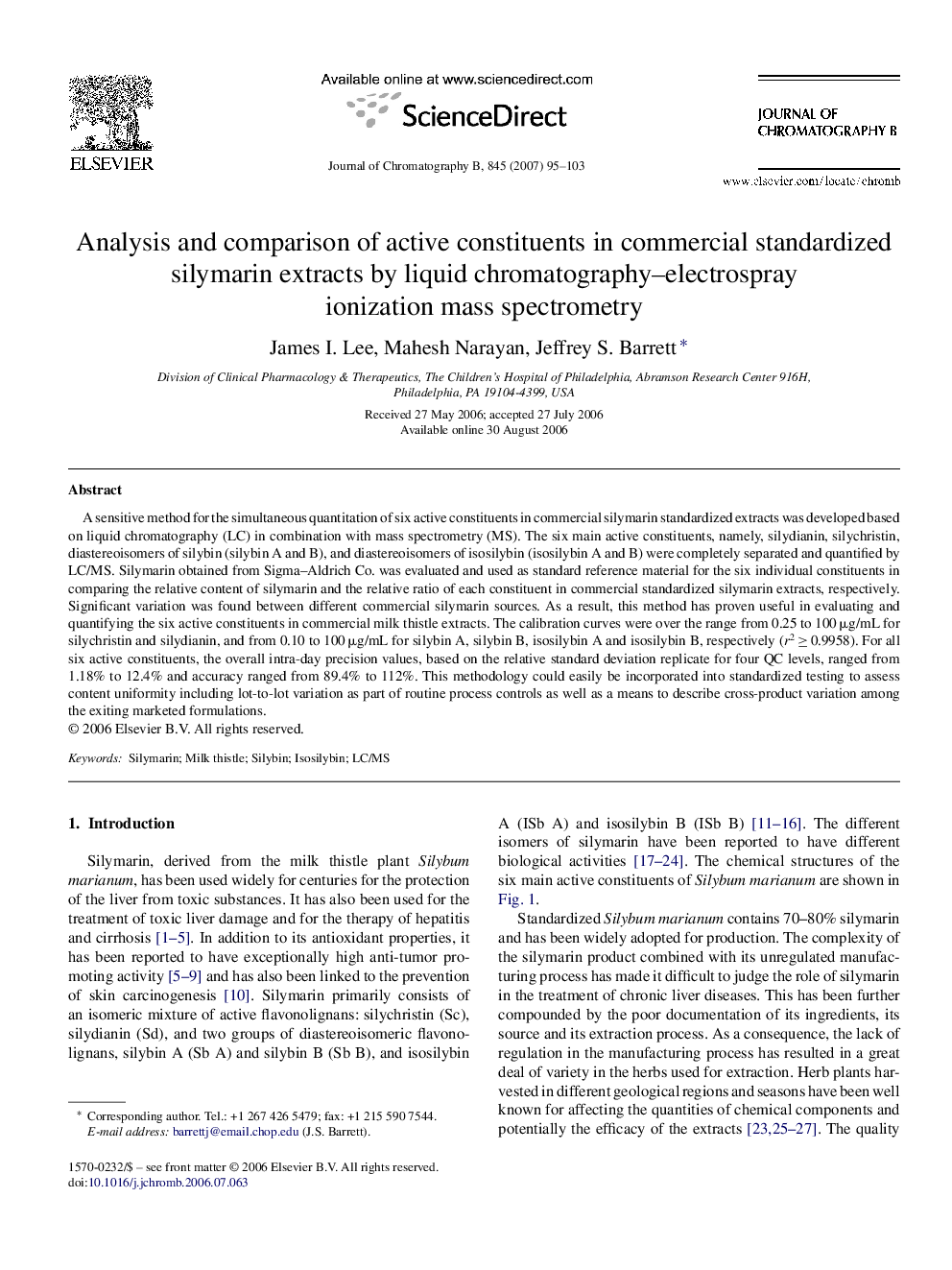 Analysis and comparison of active constituents in commercial standardized silymarin extracts by liquid chromatography–electrospray ionization mass spectrometry