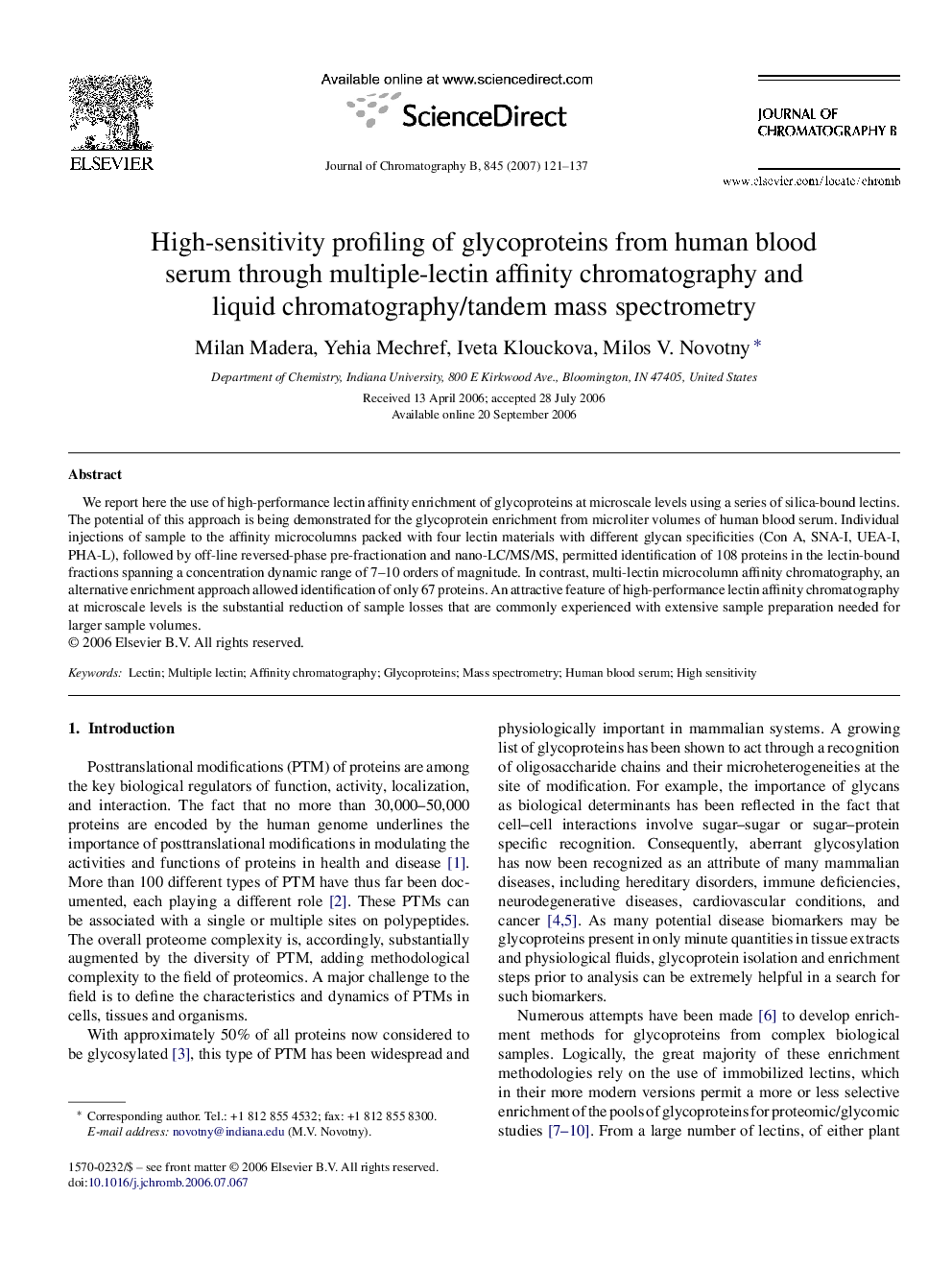 High-sensitivity profiling of glycoproteins from human blood serum through multiple-lectin affinity chromatography and liquid chromatography/tandem mass spectrometry