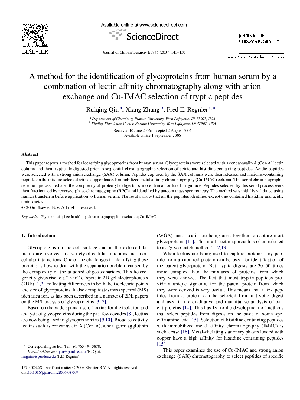 A method for the identification of glycoproteins from human serum by a combination of lectin affinity chromatography along with anion exchange and Cu-IMAC selection of tryptic peptides