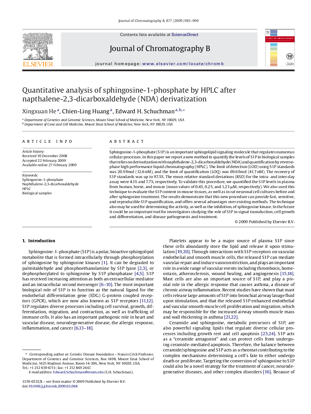 Quantitative analysis of sphingosine-1-phosphate by HPLC after napthalene-2,3-dicarboxaldehyde (NDA) derivatization