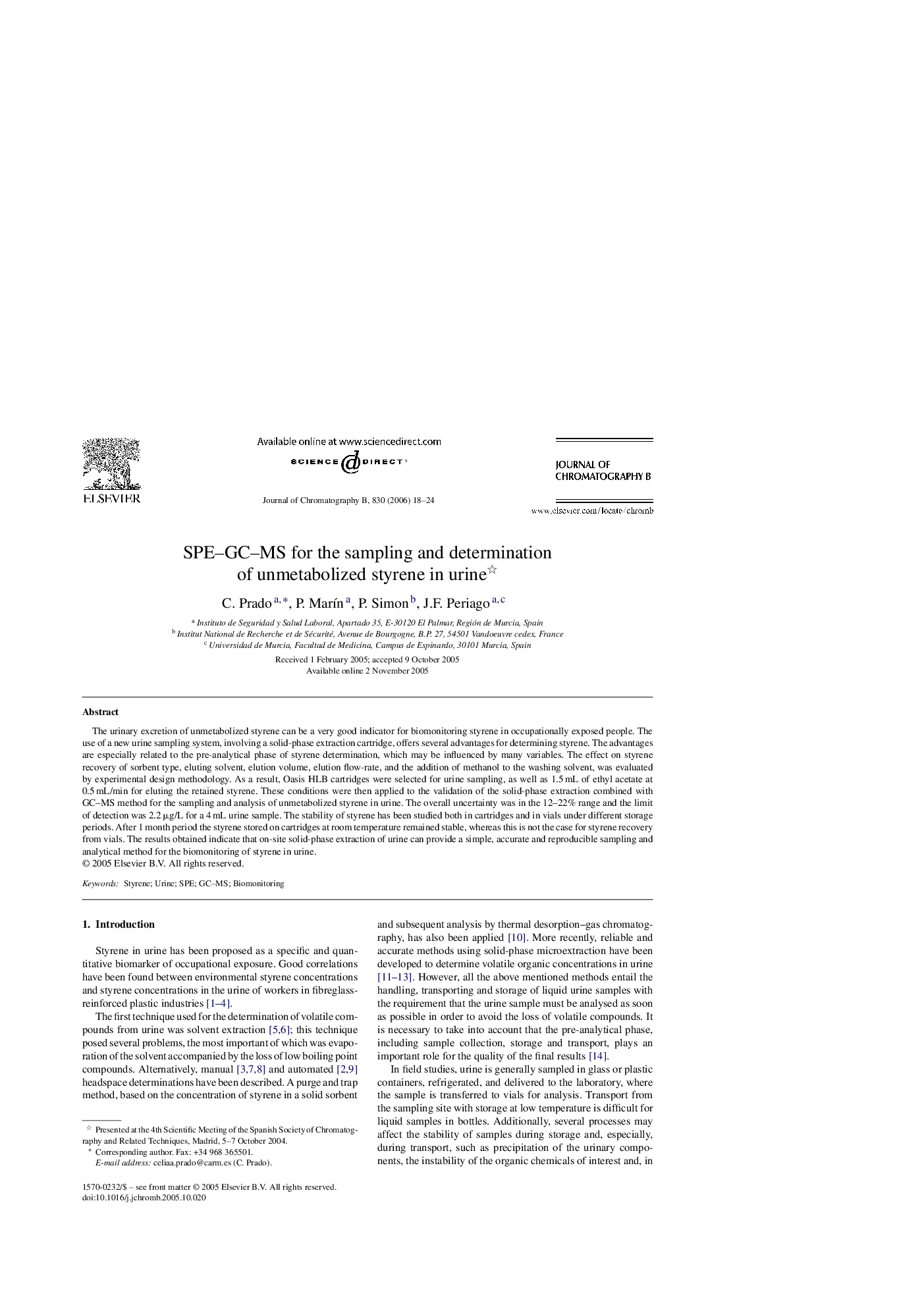 SPE–GC–MS for the sampling and determination of unmetabolized styrene in urine 