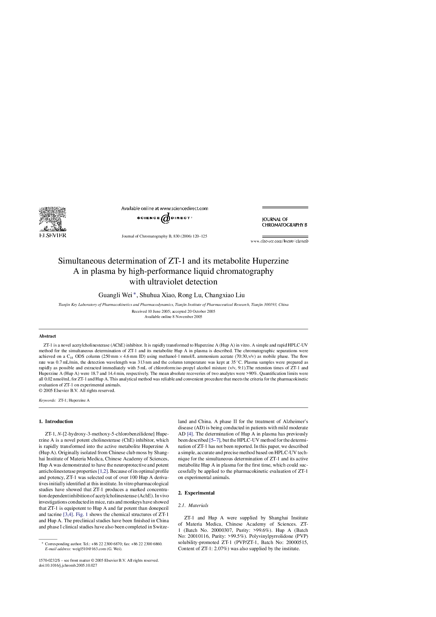 Simultaneous determination of ZT-1 and its metabolite Huperzine A in plasma by high-performance liquid chromatography with ultraviolet detection