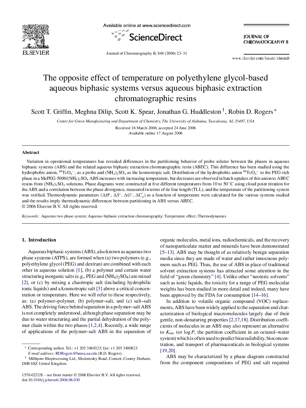 The opposite effect of temperature on polyethylene glycol-based aqueous biphasic systems versus aqueous biphasic extraction chromatographic resins