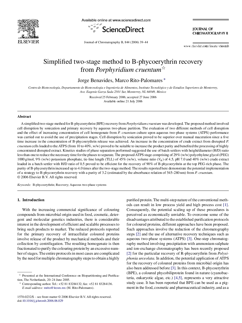 Simplified two-stage method to B-phycoerythrin recovery from Porphyridium cruentum 