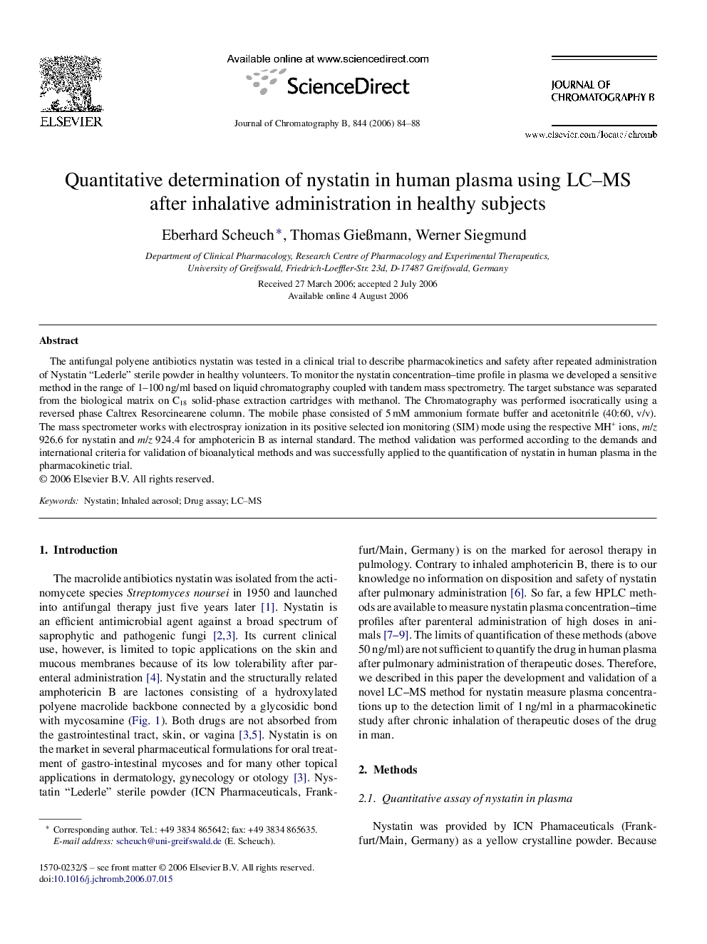 Quantitative determination of nystatin in human plasma using LC–MS after inhalative administration in healthy subjects