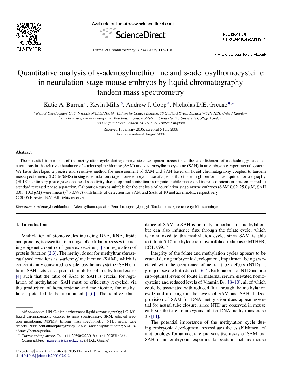 Quantitative analysis of s-adenosylmethionine and s-adenosylhomocysteine in neurulation-stage mouse embryos by liquid chromatography tandem mass spectrometry