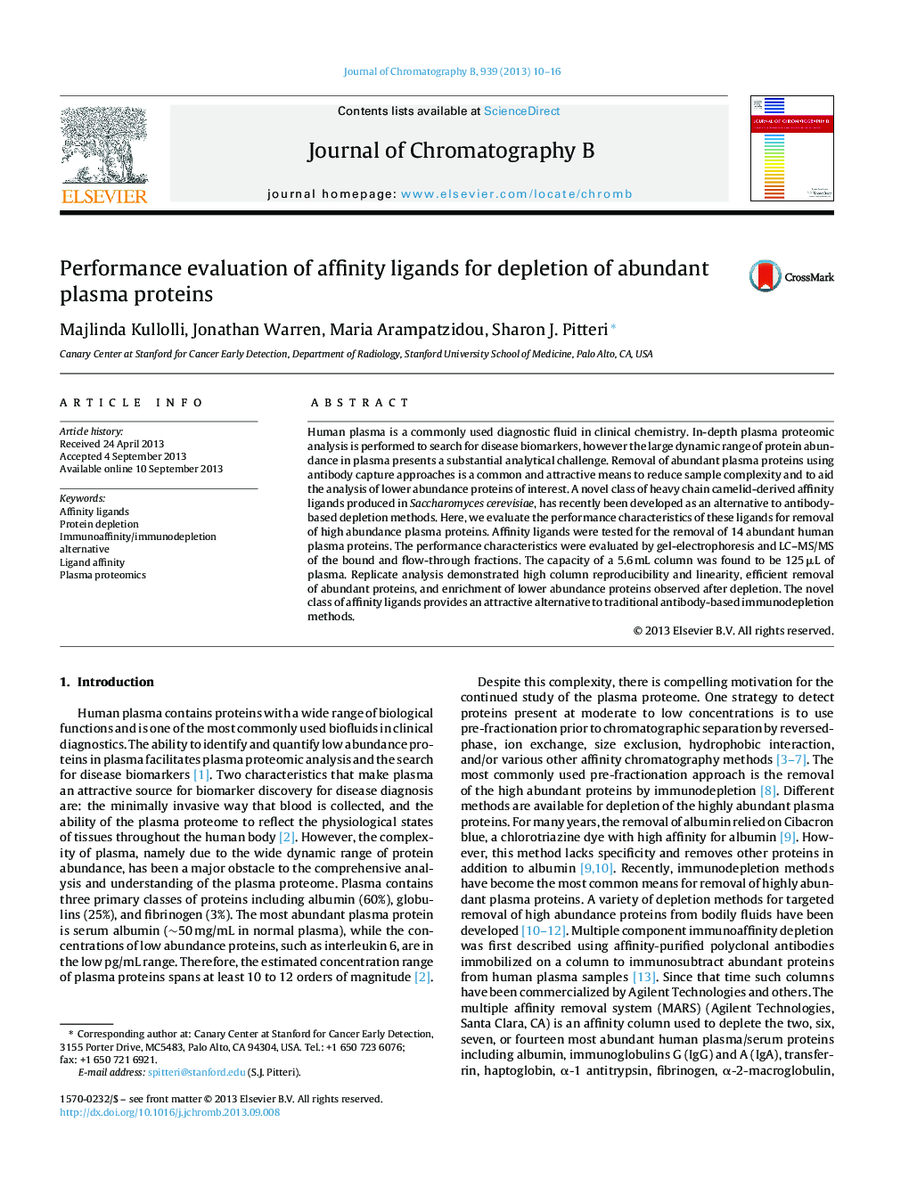 Performance evaluation of affinity ligands for depletion of abundant plasma proteins