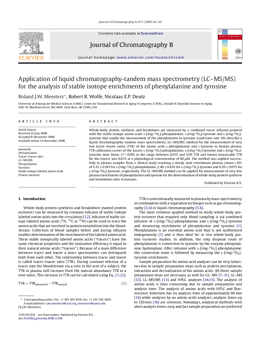 Application of liquid chromatography-tandem mass spectrometry (LC–MS/MS) for the analysis of stable isotope enrichments of phenylalanine and tyrosine