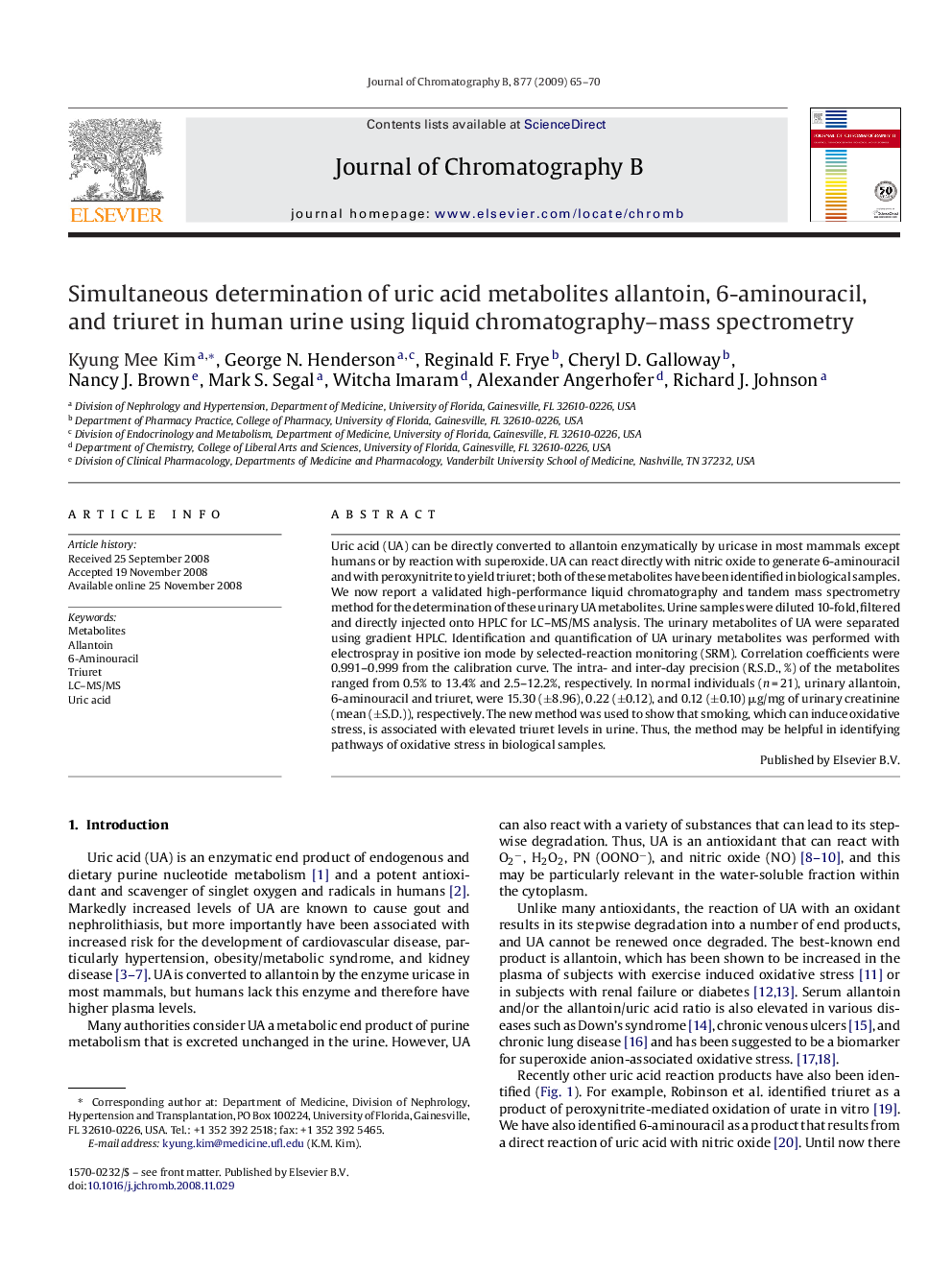 Simultaneous determination of uric acid metabolites allantoin, 6-aminouracil, and triuret in human urine using liquid chromatography–mass spectrometry