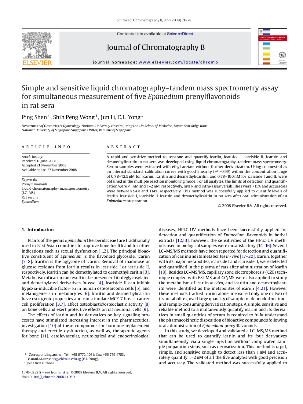 Simple and sensitive liquid chromatography–tandem mass spectrometry assay for simultaneous measurement of five Epimedium prenylflavonoids in rat sera