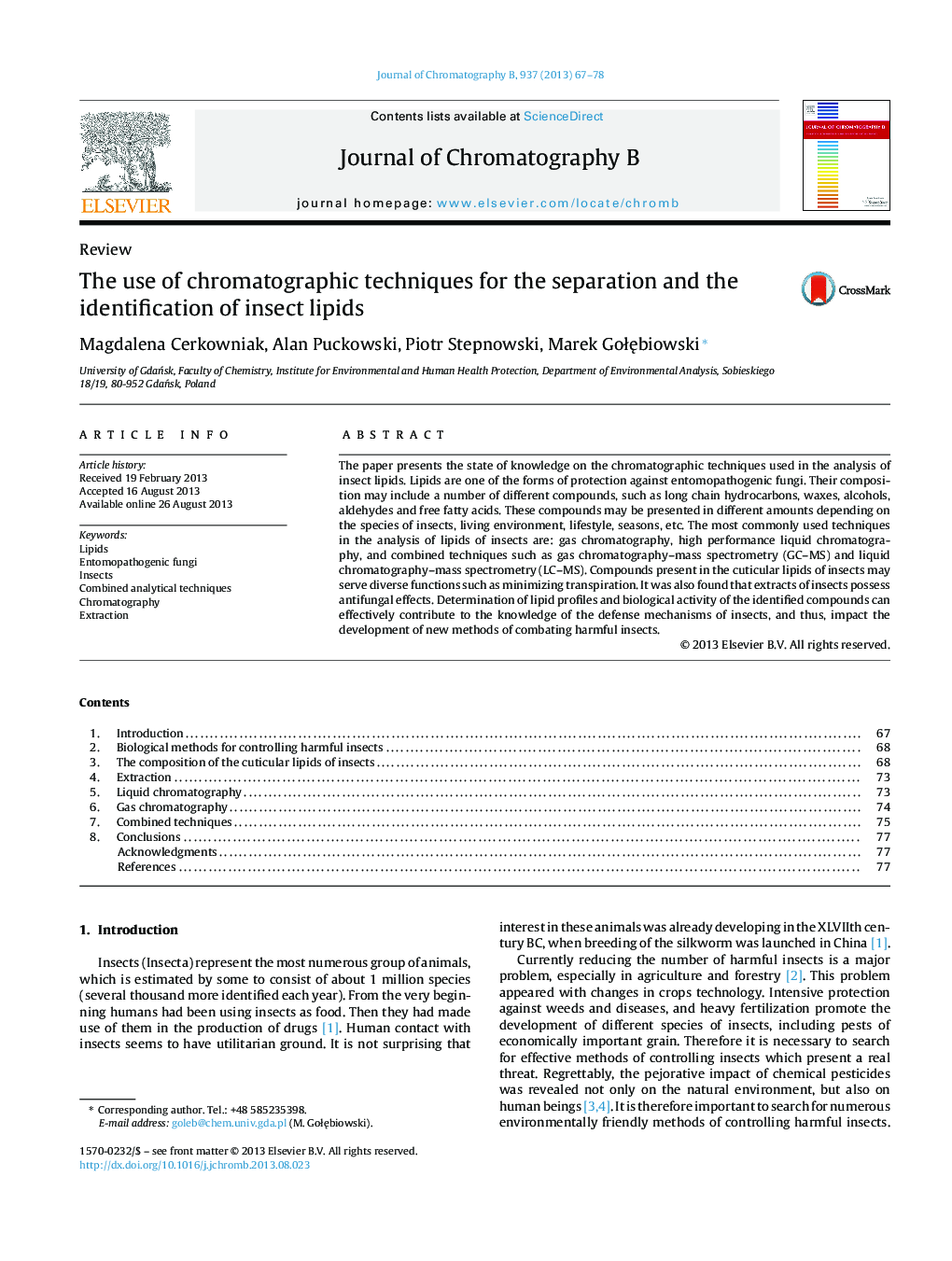 The use of chromatographic techniques for the separation and the identification of insect lipids