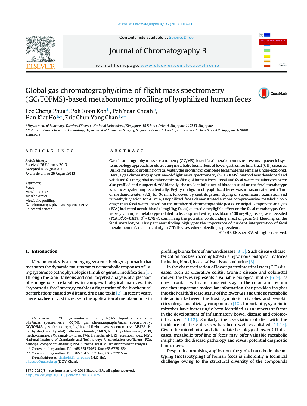 Global gas chromatography/time-of-flight mass spectrometry (GC/TOFMS)-based metabonomic profiling of lyophilized human feces