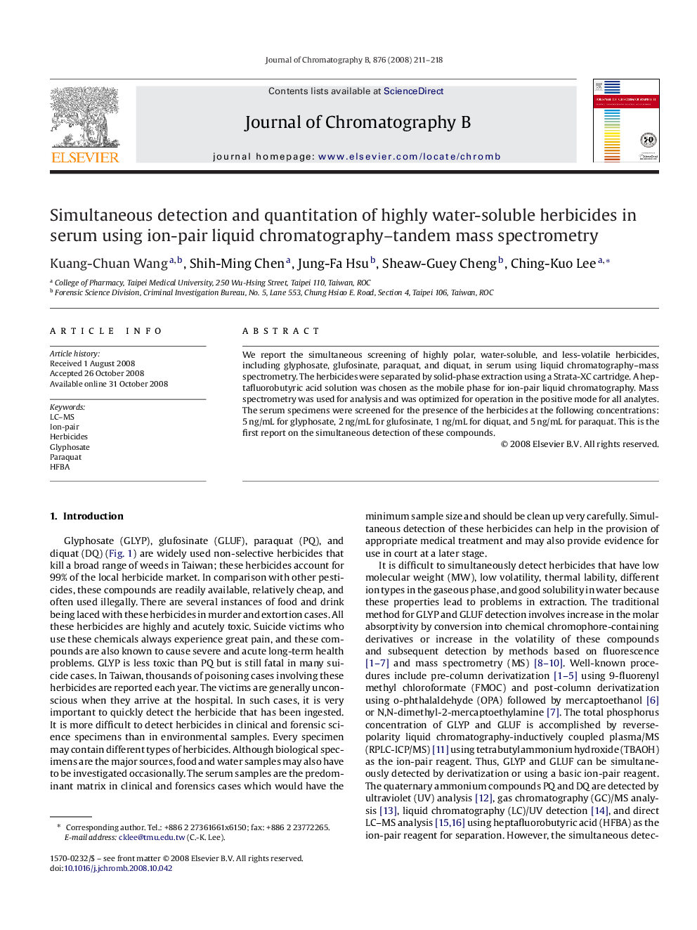 Simultaneous detection and quantitation of highly water-soluble herbicides in serum using ion-pair liquid chromatography–tandem mass spectrometry