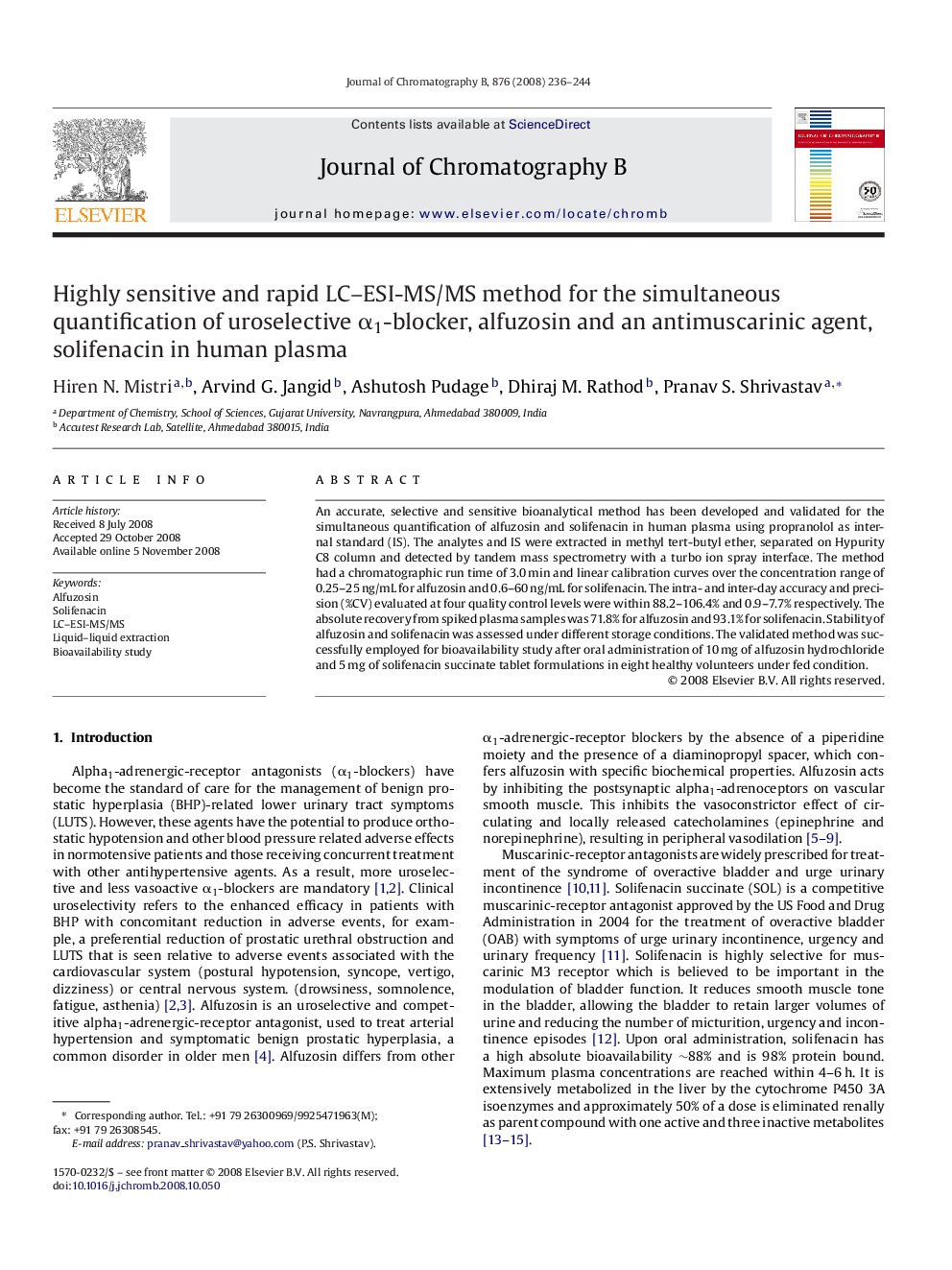 Highly sensitive and rapid LC–ESI-MS/MS method for the simultaneous quantification of uroselective α1-blocker, alfuzosin and an antimuscarinic agent, solifenacin in human plasma