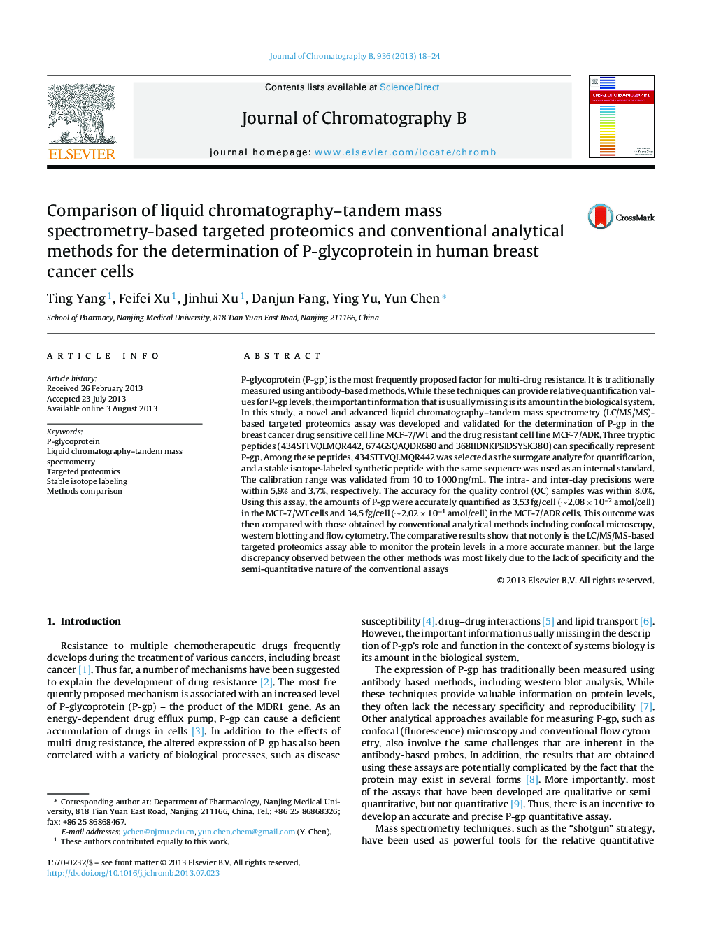 Comparison of liquid chromatography–tandem mass spectrometry-based targeted proteomics and conventional analytical methods for the determination of P-glycoprotein in human breast cancer cells