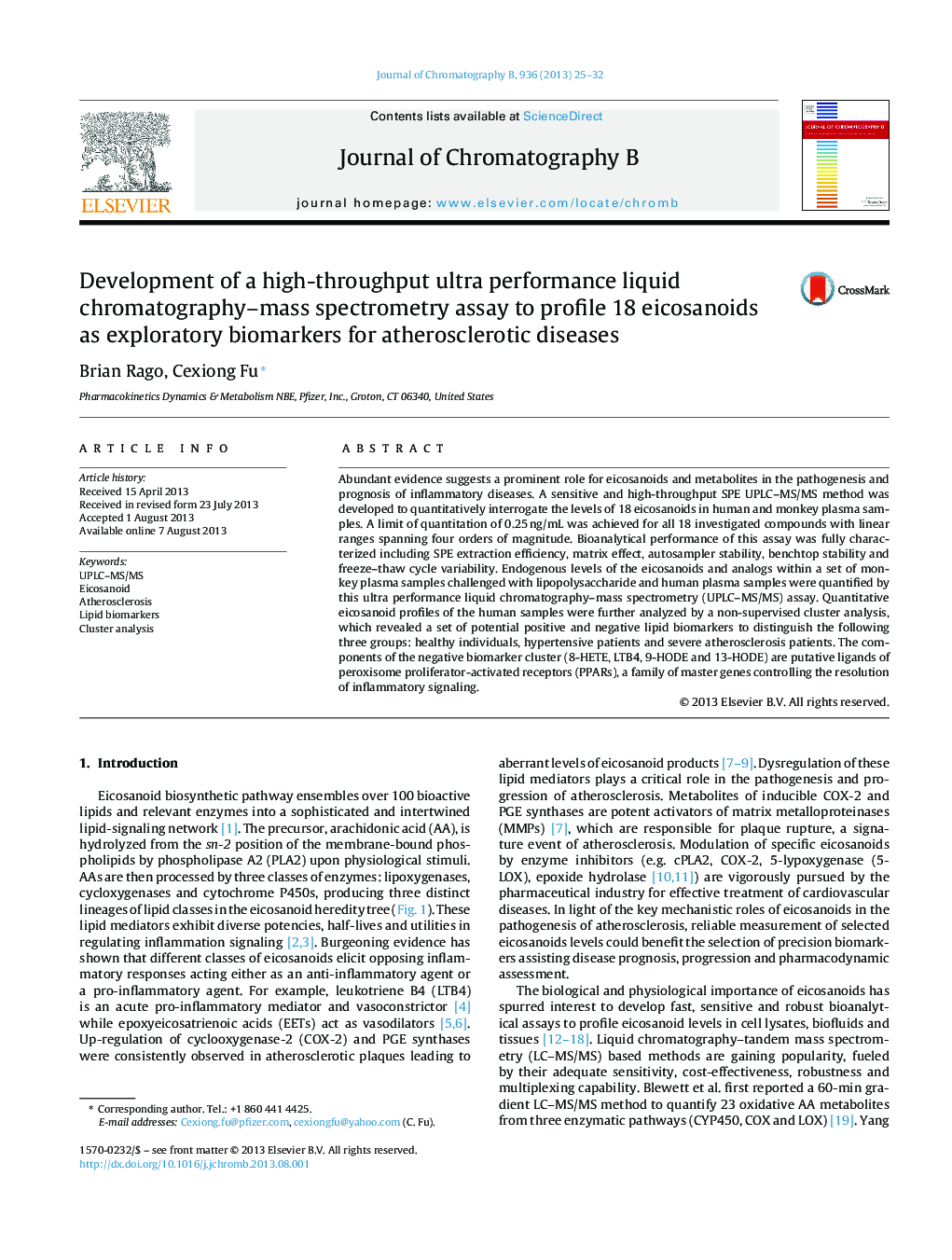 Development of a high-throughput ultra performance liquid chromatography–mass spectrometry assay to profile 18 eicosanoids as exploratory biomarkers for atherosclerotic diseases