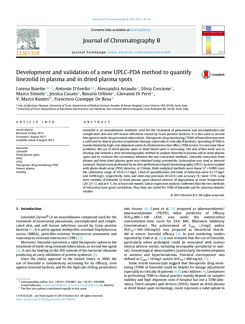 Development and validation of a new UPLC-PDA method to quantify linezolid in plasma and in dried plasma spots