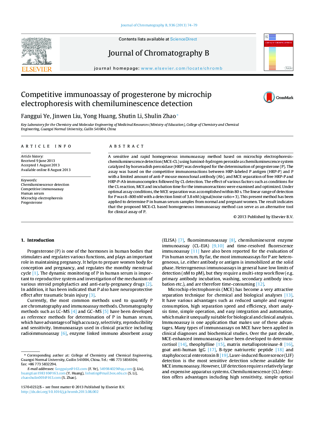 Competitive immunoassay of progesterone by microchip electrophoresis with chemiluminescence detection