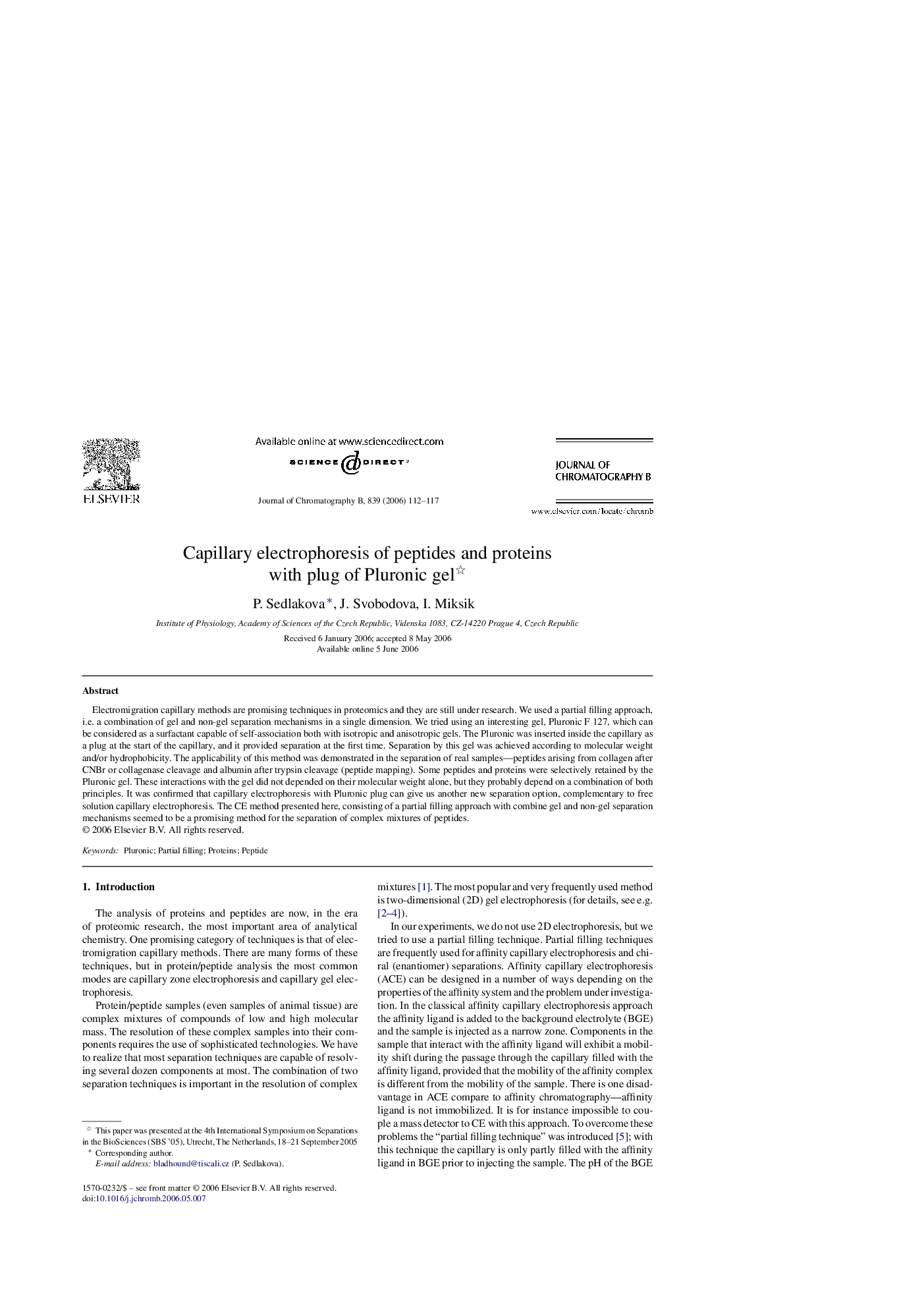 Capillary electrophoresis of peptides and proteins with plug of Pluronic gel 