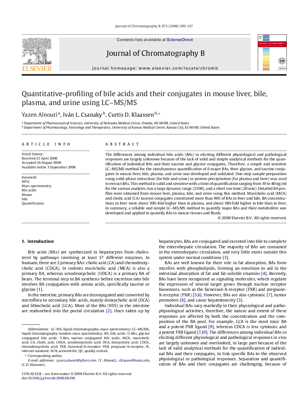 Quantitative-profiling of bile acids and their conjugates in mouse liver, bile, plasma, and urine using LC–MS/MS