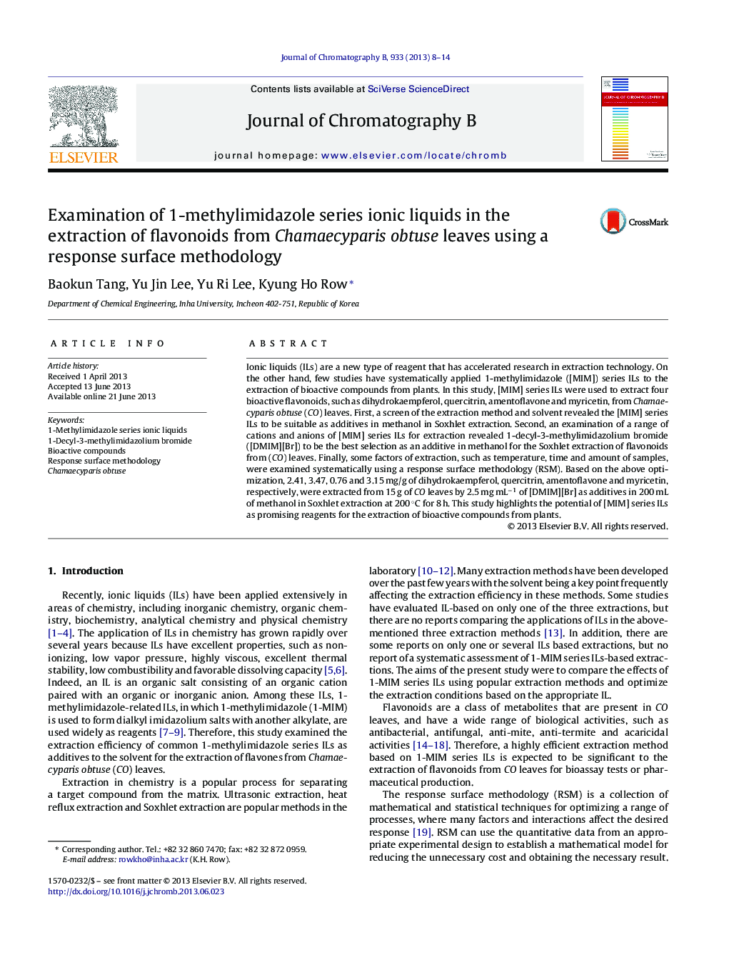 Examination of 1-methylimidazole series ionic liquids in the extraction of flavonoids from Chamaecyparis obtuse leaves using a response surface methodology