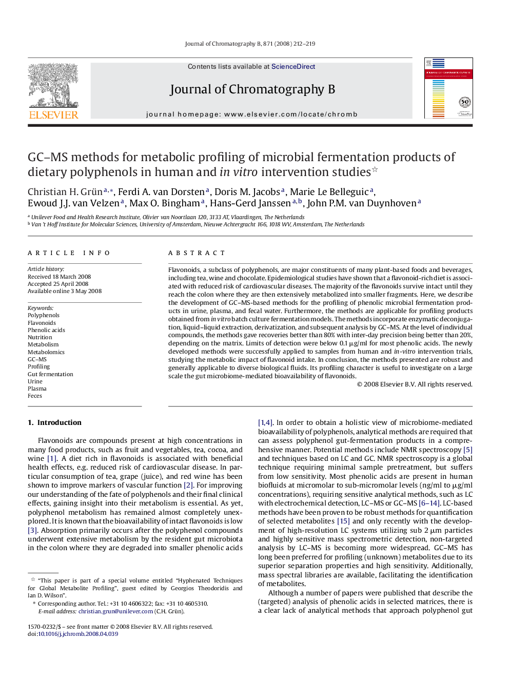 GC–MS methods for metabolic profiling of microbial fermentation products of dietary polyphenols in human and in vitro intervention studies 