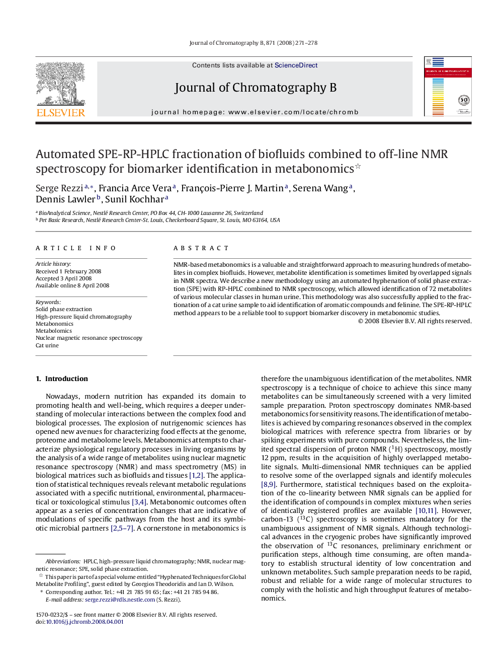 Automated SPE-RP-HPLC fractionation of biofluids combined to off-line NMR spectroscopy for biomarker identification in metabonomics 