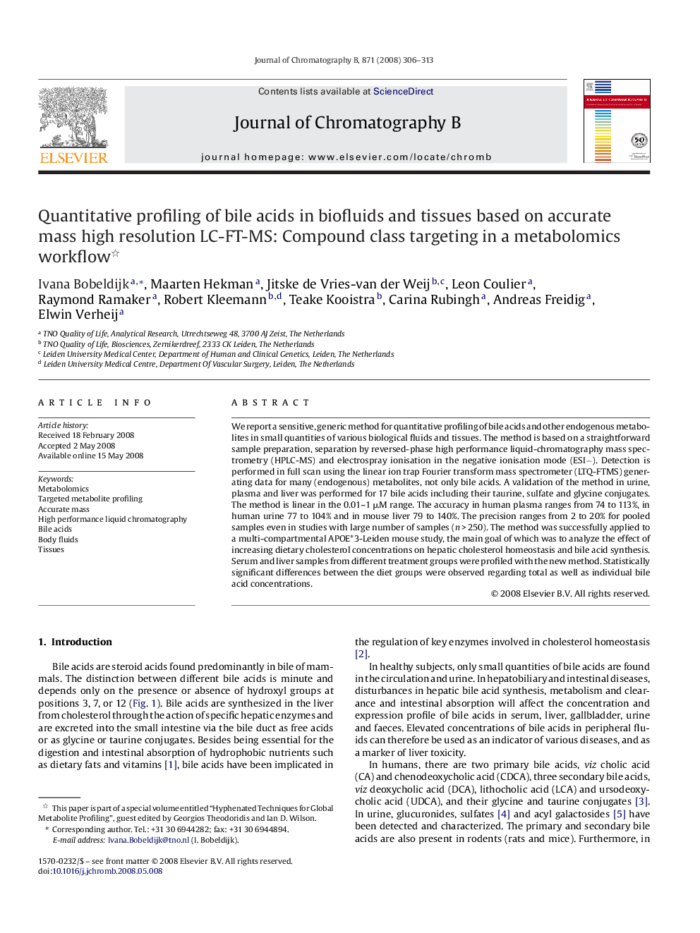 Quantitative profiling of bile acids in biofluids and tissues based on accurate mass high resolution LC-FT-MS: Compound class targeting in a metabolomics workflow 