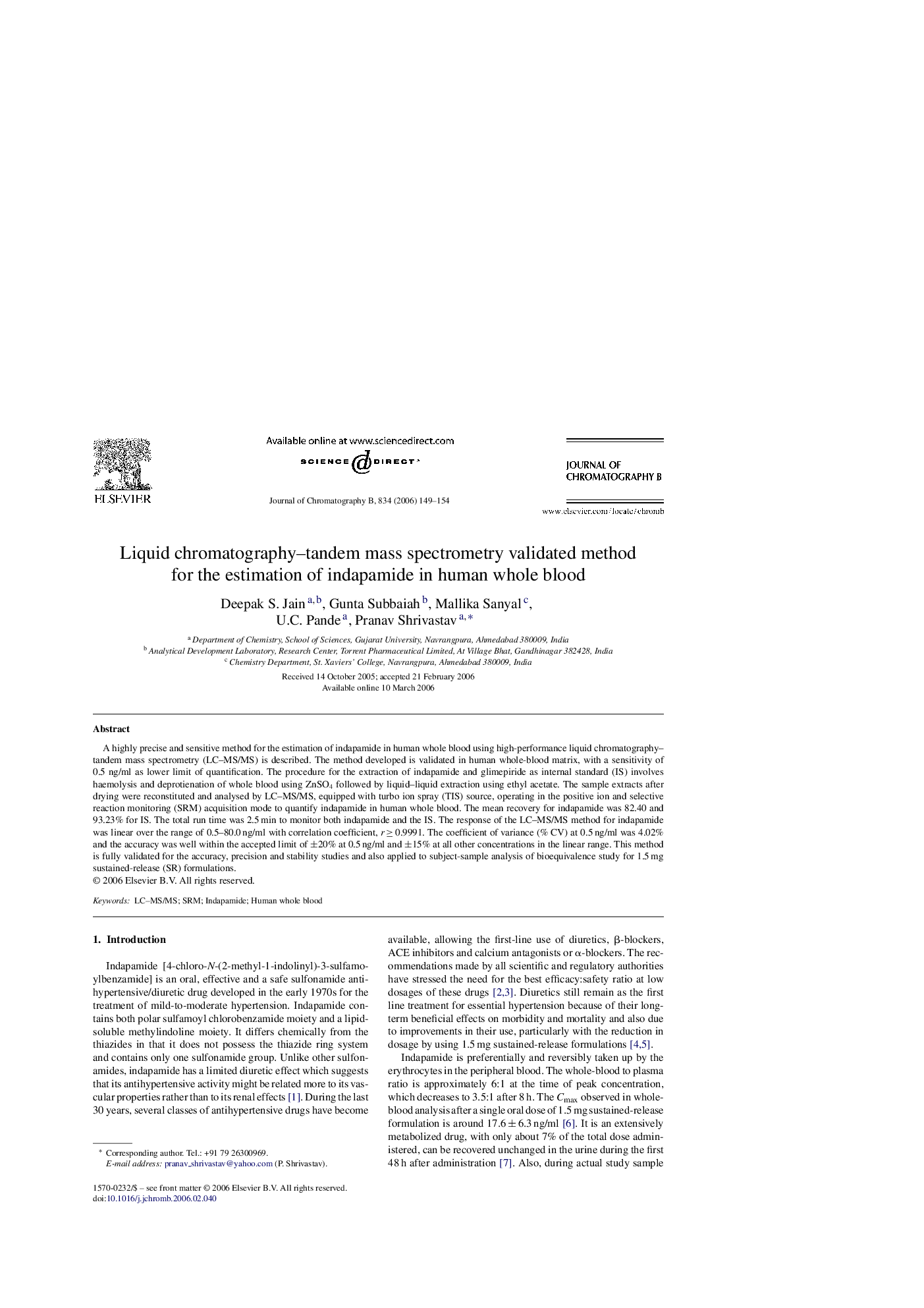 Liquid chromatography–tandem mass spectrometry validated method for the estimation of indapamide in human whole blood