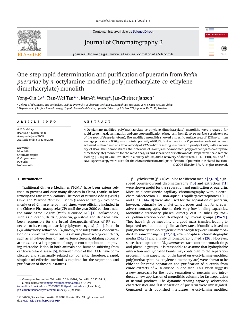 عکس صفحه اول مقاله: One-step rapid determination and purification of puerarin from Radix puerariae by n-octylamine-modified poly(methacrylate-co-ethylene dimethacrylate) monolith One-step rapid determination and purification of puerarin from Radix puerariae by n-octylamine-modified poly(methacrylate-co-ethylene dimethacrylate) monolith