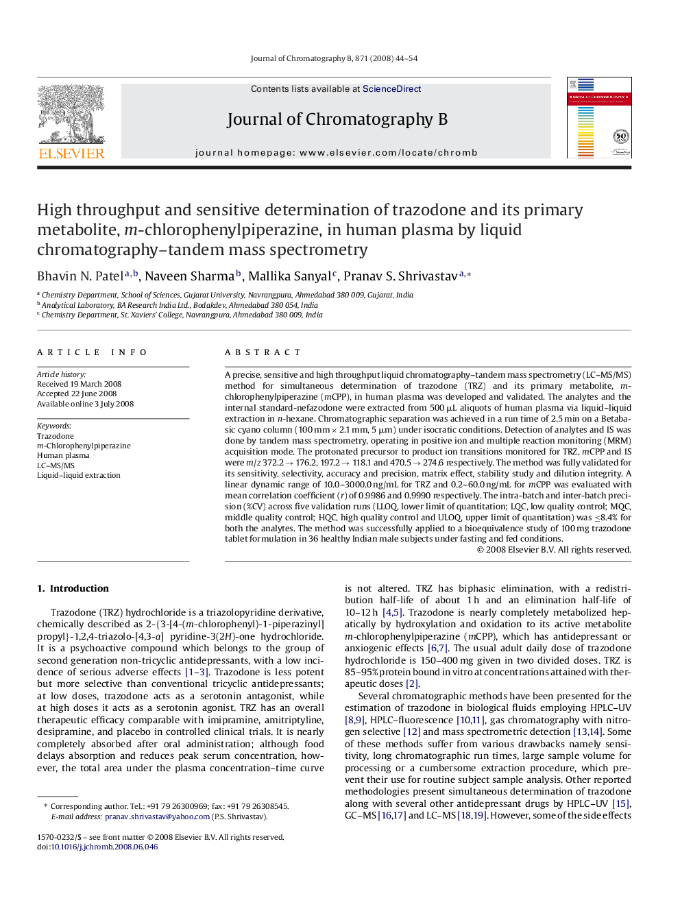 High throughput and sensitive determination of trazodone and its primary metabolite, m-chlorophenylpiperazine, in human plasma by liquid chromatography–tandem mass spectrometry