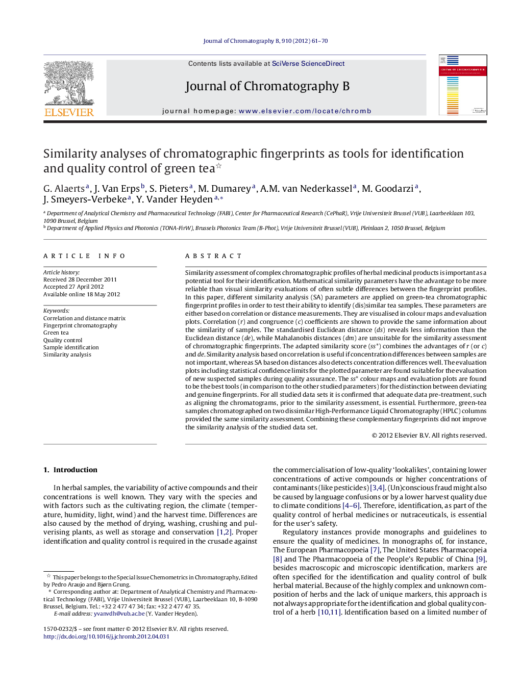 Similarity analyses of chromatographic fingerprints as tools for identification and quality control of green tea 