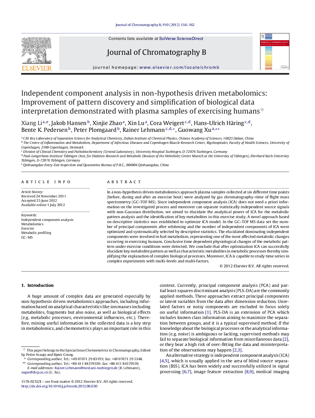Independent component analysis in non-hypothesis driven metabolomics: Improvement of pattern discovery and simplification of biological data interpretation demonstrated with plasma samples of exercising humans 