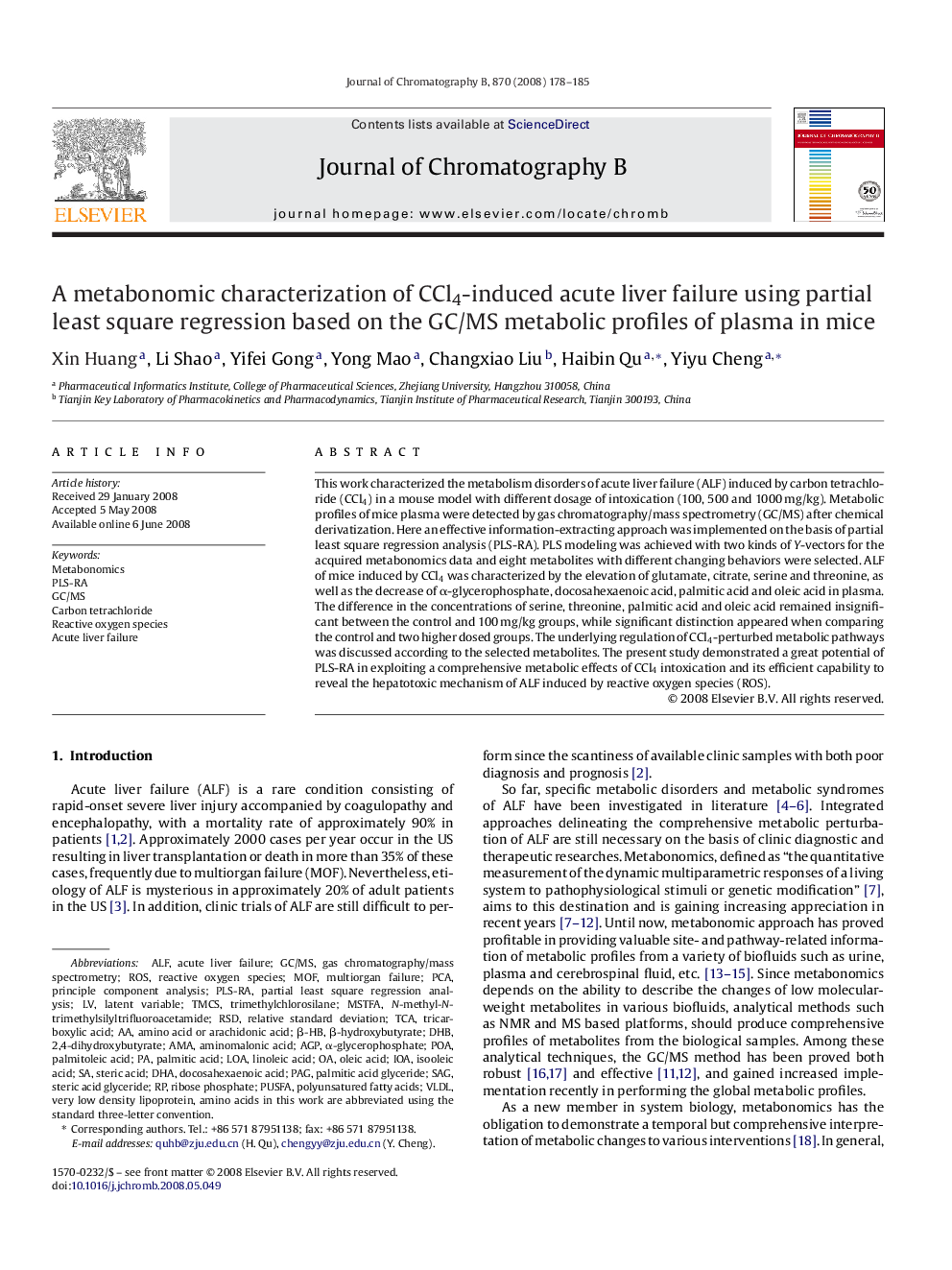 A metabonomic characterization of CCl4-induced acute liver failure using partial least square regression based on the GC/MS metabolic profiles of plasma in mice