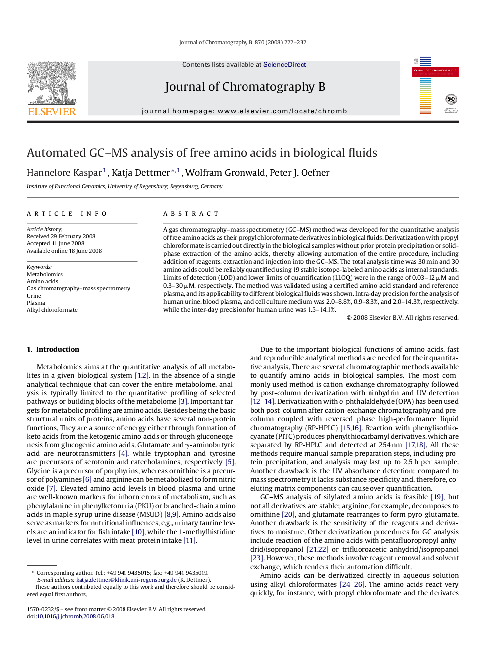 Automated GC–MS analysis of free amino acids in biological fluids