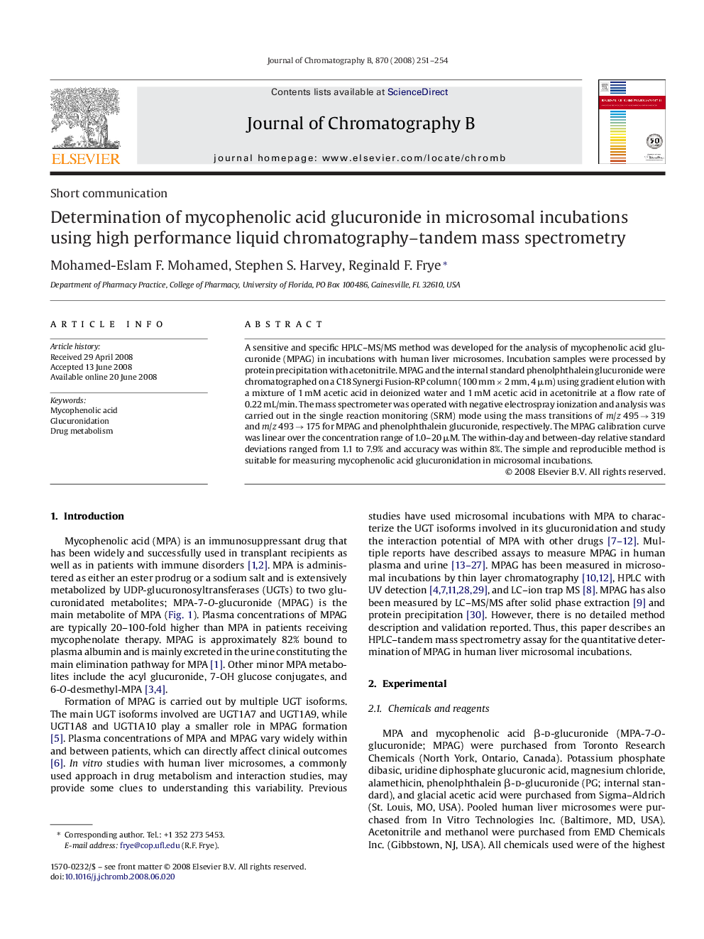 Determination of mycophenolic acid glucuronide in microsomal incubations using high performance liquid chromatography–tandem mass spectrometry