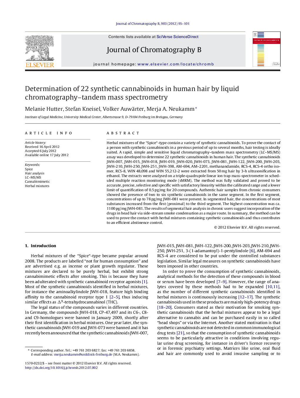 Determination of 22 synthetic cannabinoids in human hair by liquid chromatography–tandem mass spectrometry