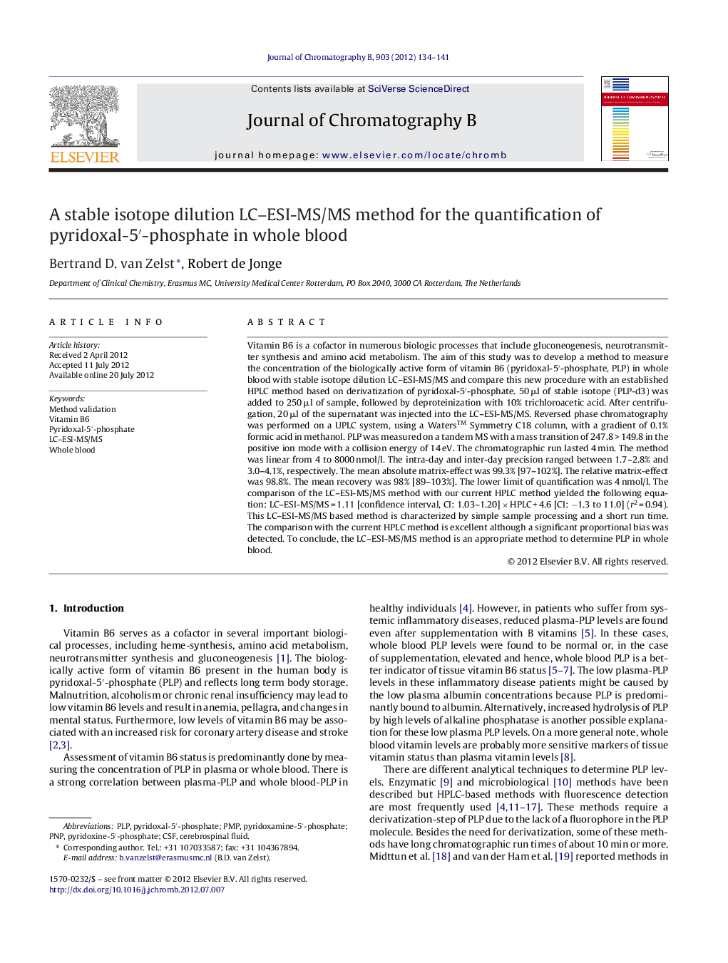 A stable isotope dilution LC–ESI-MS/MS method for the quantification of pyridoxal-5′-phosphate in whole blood