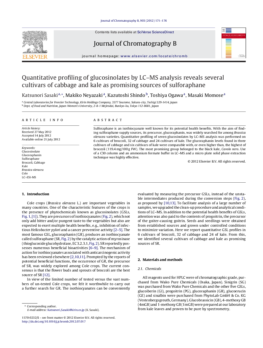 Quantitative profiling of glucosinolates by LC–MS analysis reveals several cultivars of cabbage and kale as promising sources of sulforaphane