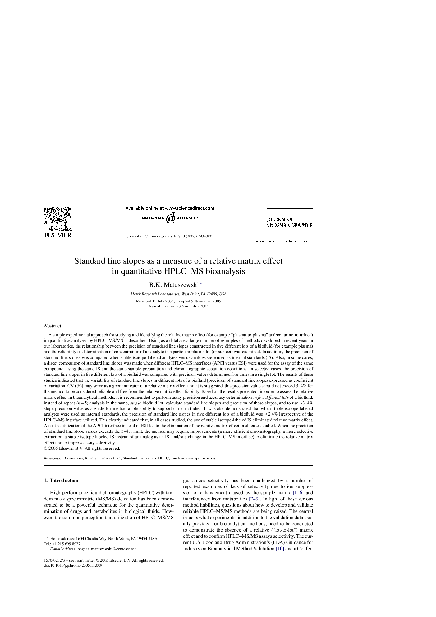 Standard line slopes as a measure of a relative matrix effect in quantitative HPLC–MS bioanalysis