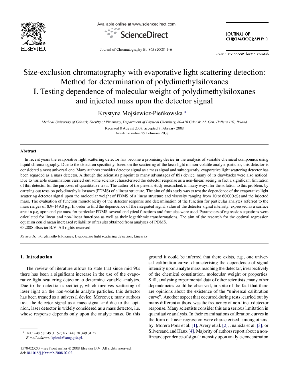 Size-exclusion chromatography with evaporative light scattering detection: Method for determination of polydimethylsiloxanes: I. Testing dependence of molecular weight of polydimethylsiloxanes and injected mass upon the detector signal