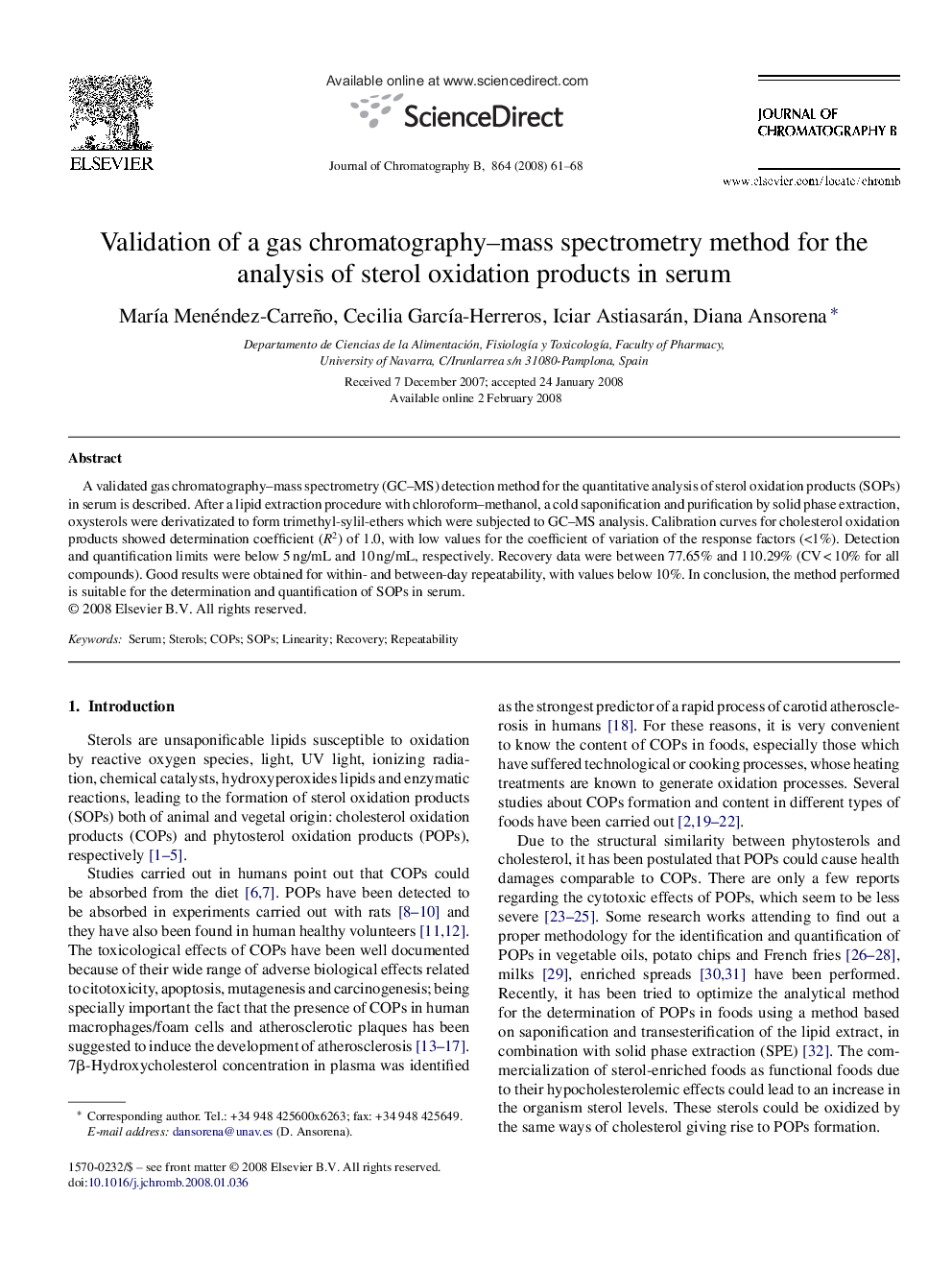 Validation of a gas chromatography–mass spectrometry method for the analysis of sterol oxidation products in serum