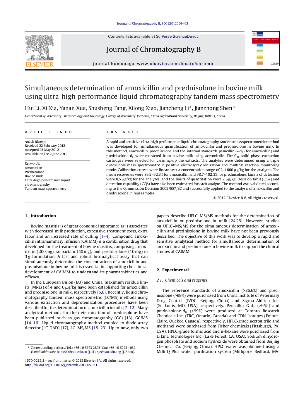 Simultaneous determination of amoxicillin and prednisolone in bovine milk using ultra-high performance liquid chromatography tandem mass spectrometry