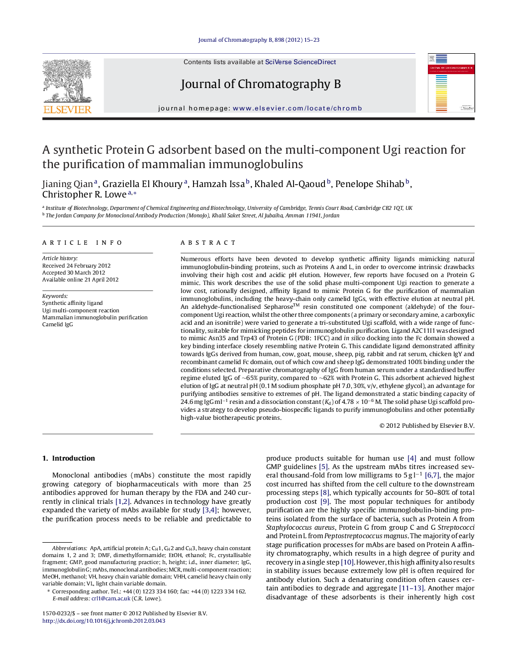 A synthetic Protein G adsorbent based on the multi-component Ugi reaction for the purification of mammalian immunoglobulins