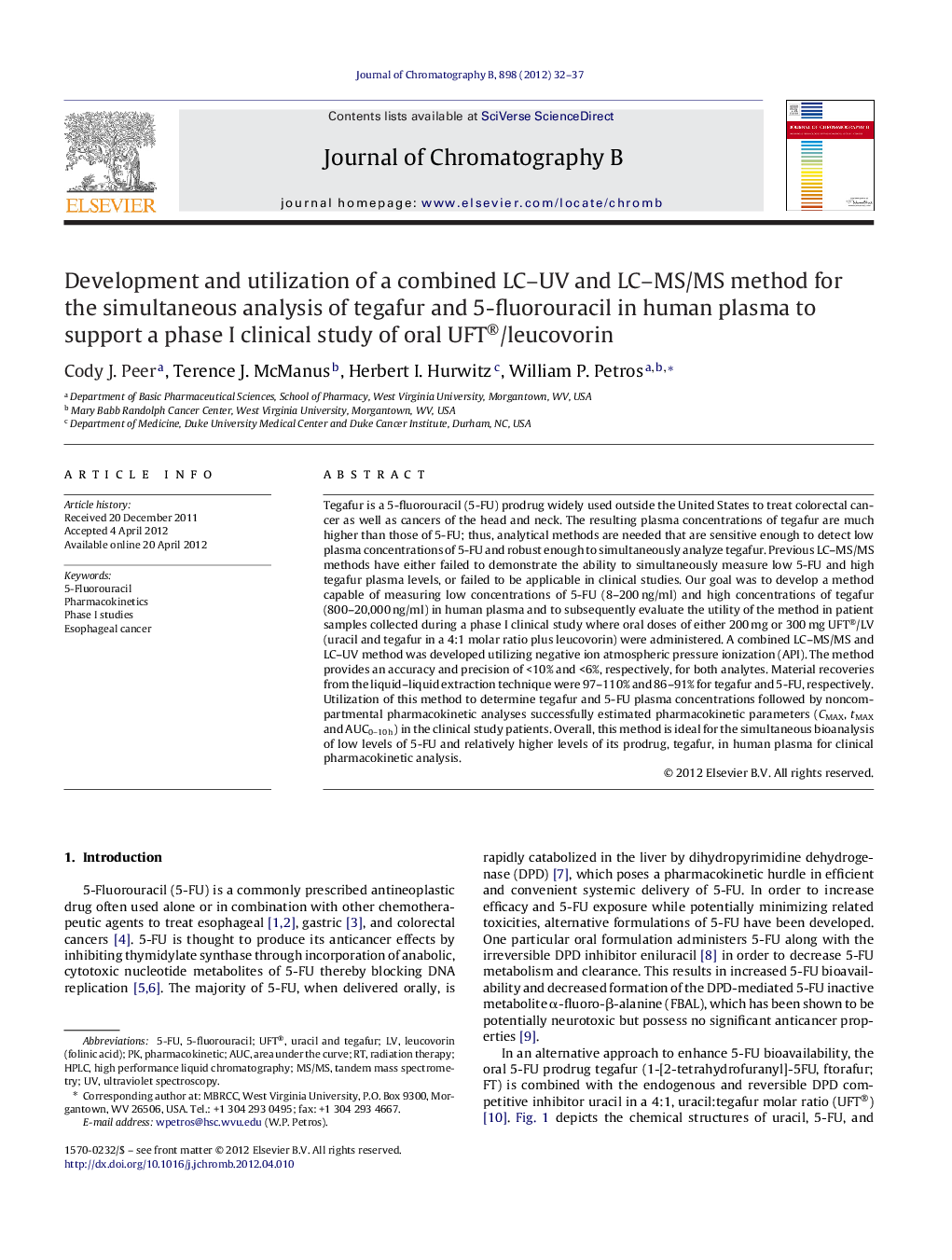 Development and utilization of a combined LC–UV and LC–MS/MS method for the simultaneous analysis of tegafur and 5-fluorouracil in human plasma to support a phase I clinical study of oral UFT®/leucovorin