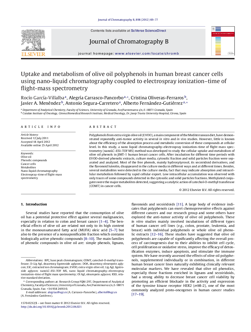 Uptake and metabolism of olive oil polyphenols in human breast cancer cells using nano-liquid chromatography coupled to electrospray ionization–time of flight-mass spectrometry