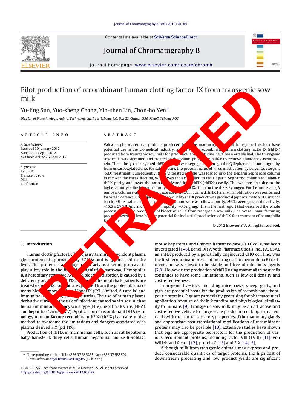 RETRACTED: Pilot production of recombinant human clotting factor IX from transgenic sow milk