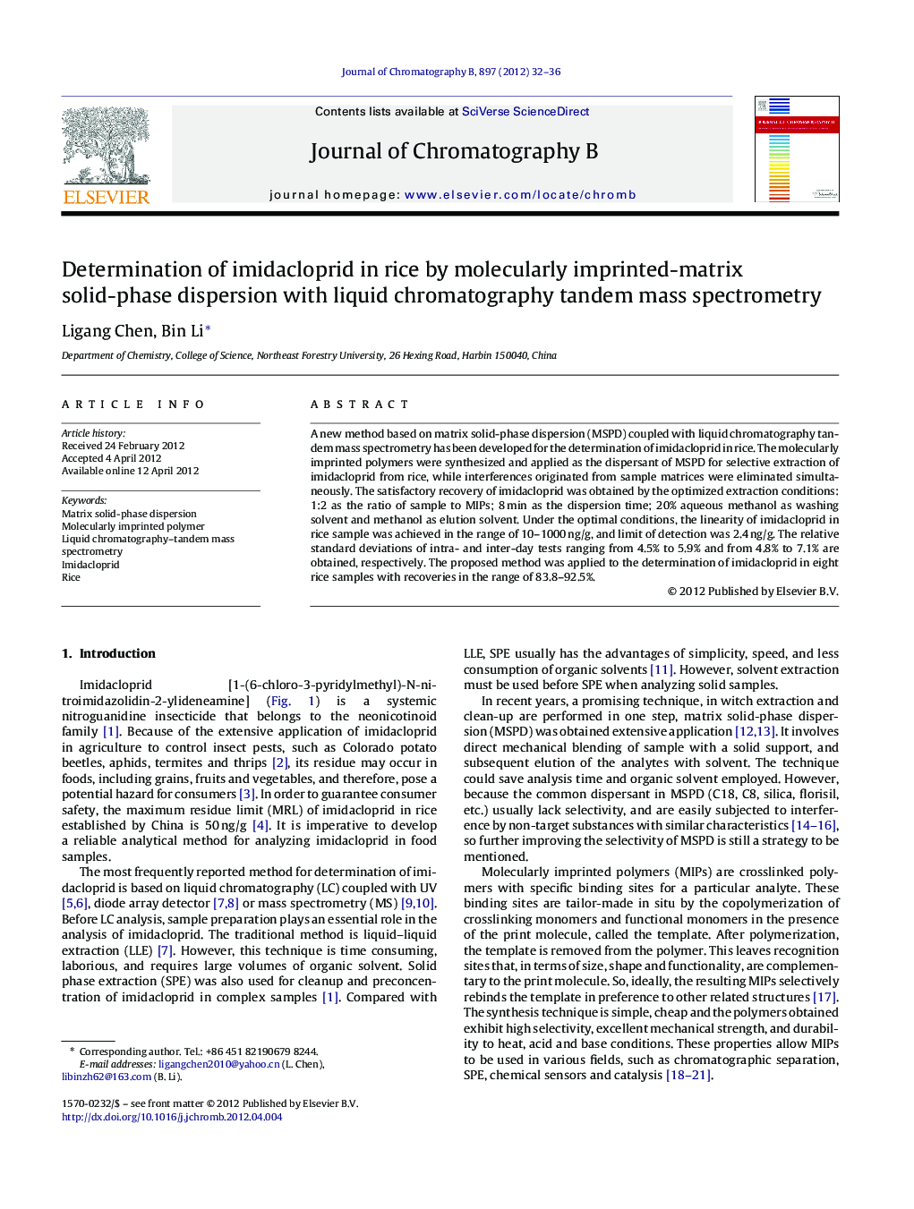 Determination of imidacloprid in rice by molecularly imprinted-matrix solid-phase dispersion with liquid chromatography tandem mass spectrometry