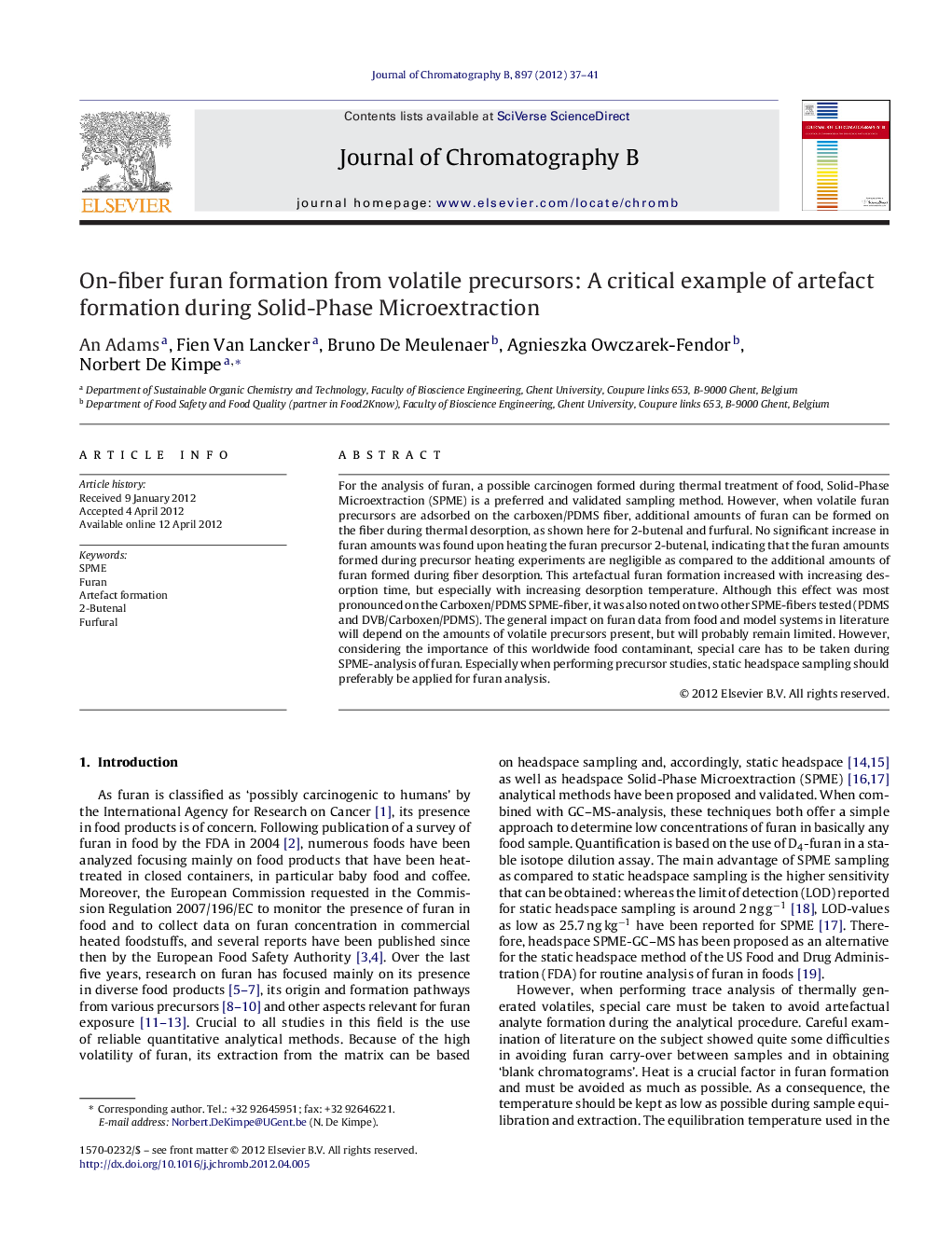 On-fiber furan formation from volatile precursors: A critical example of artefact formation during Solid-Phase Microextraction