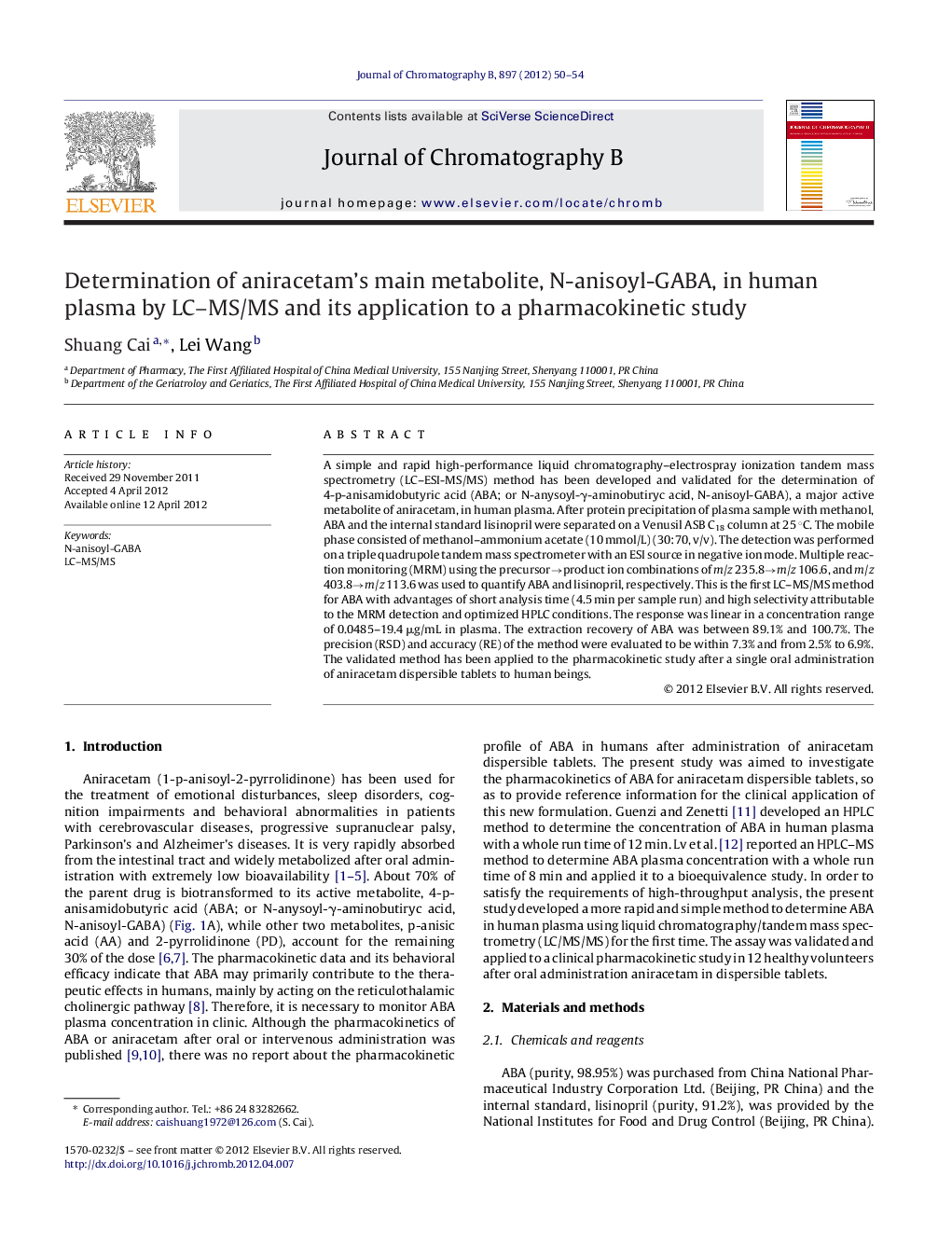 Determination of aniracetam's main metabolite, N-anisoyl-GABA, in human plasma by LC–MS/MS and its application to a pharmacokinetic study